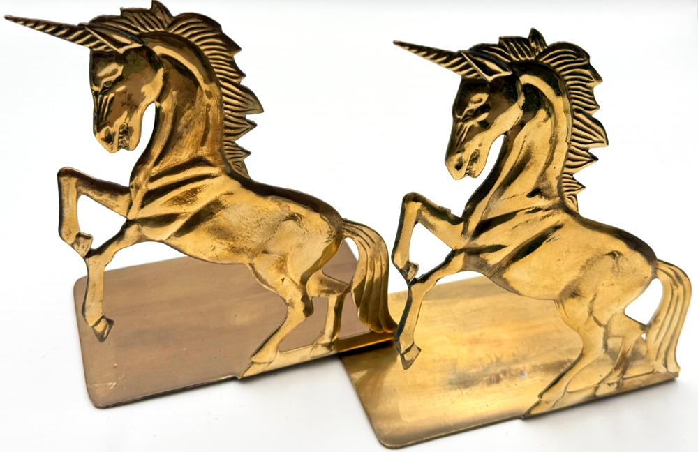 Vintage Pair Brass Rearing Unicorn Bookends Hollywood Regency Regal Flat Base